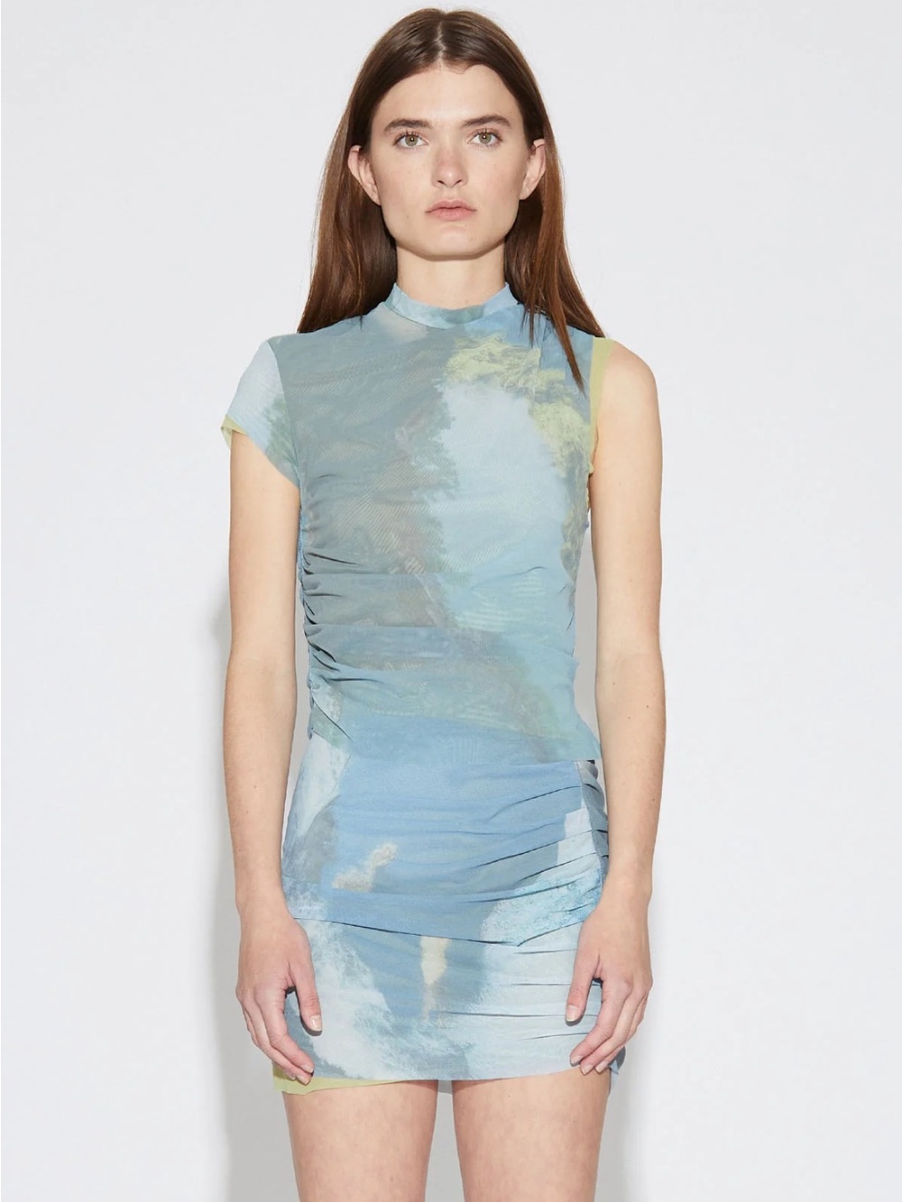 Arthur Ave Green Abstract Print Double Mesh Top